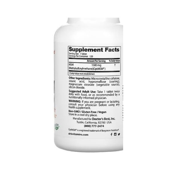 Doctors Best MSM avec OptiMSM Vegan, 1500mg - 120 gélules végétales - Soutien pour la Mobilité Articulaire