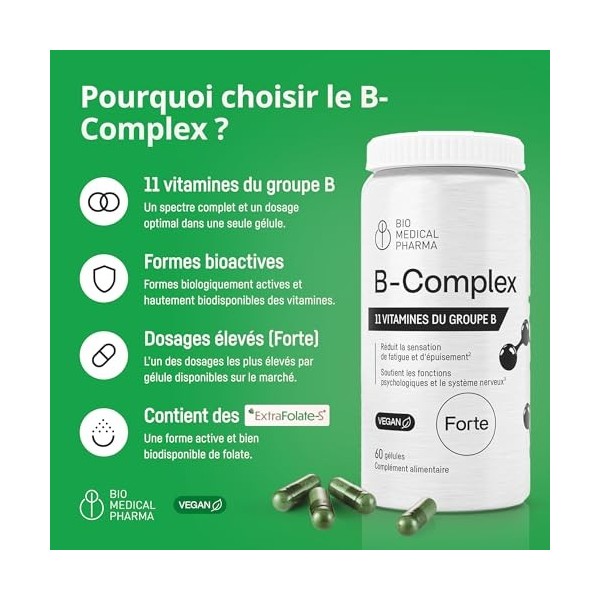 Complexe Vitamines B Hautement Dosé – Tous les 11 Vitamines B – Jusquà 7x Plus Concentré – Avec Extrafolate-S, Choline, Inos