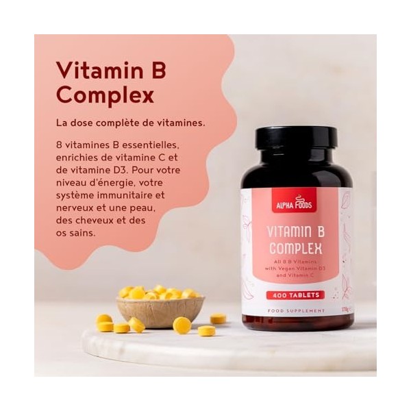 Vitamine B Complex | 400 comprimés végétaliens | Complexe multivitamines avec vitamines B1, B2, B5, B6, B12, B7 biotine, B9 a