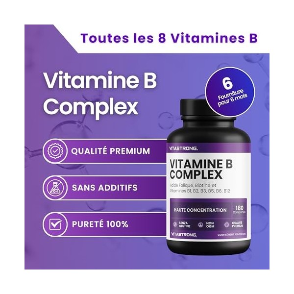Vitamine B Complex haute dose-180 comprimés de vitamines du groupe B avec de la biotine, B1,B2 B3,B5, vitamine B6, vitamine B