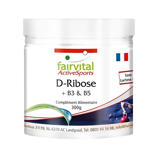 Fairvital | D-Ribose en poudre - combiné avec des vitamines B3 et B5 - VÉGAN - 300g