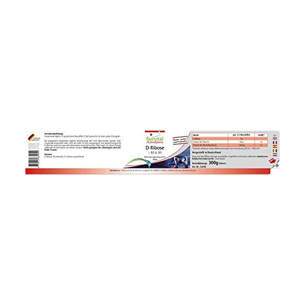 Fairvital | D-Ribose en poudre - combiné avec des vitamines B3 et B5 - VÉGAN - 300g