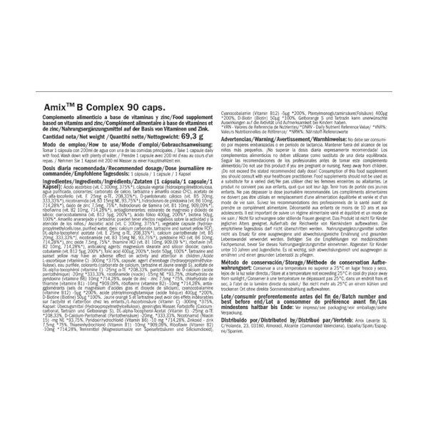 AMIX B-Complex - Complexe de vitamines des groupes B, C et E, Zinc et Biotine pour Renforcer le Système Immunitaire, Réduire 