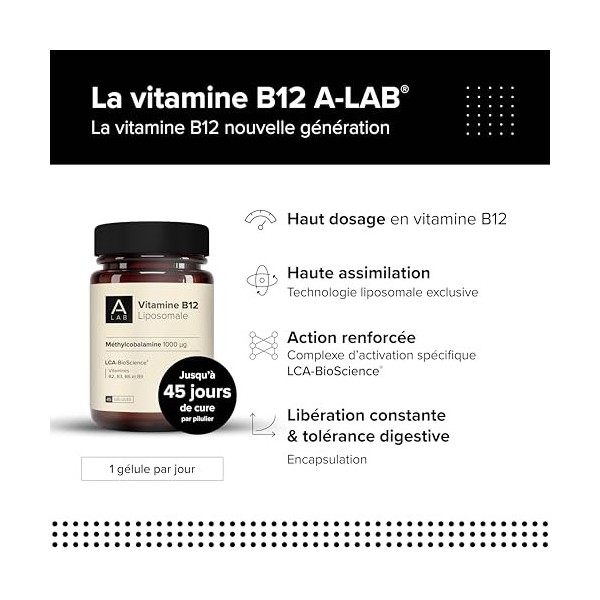 A-LAB Vitamine B12 liposomale 1000µg - Assimilation renforcée - Complément Alimentaire Santé Cardiovasculaire, Système Nerveu