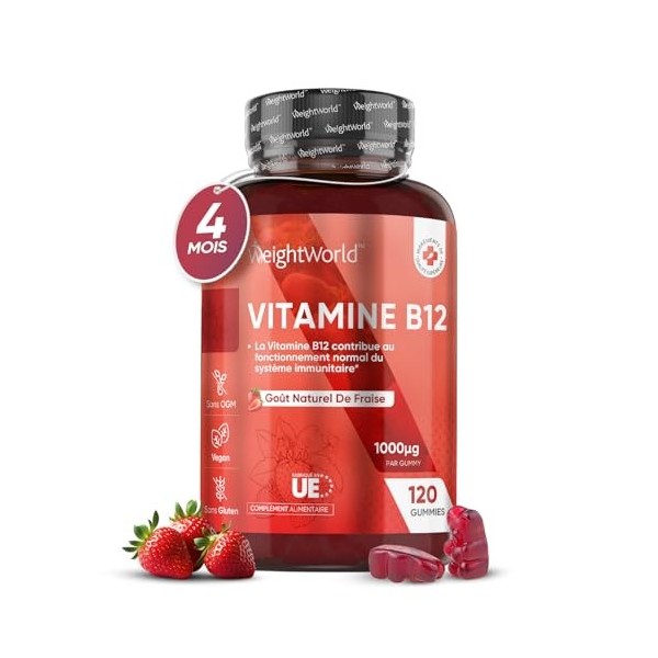 Vitamine B12 Méthylcobalamine 1000mcg - 120 Gummies Vegan 4 Mois - Goût Fraise - B12 Vitamine Fatigue, Immunité, Métabolism