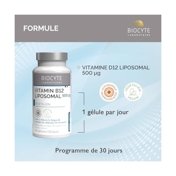 BIOCYTE Vitamine B12 Liposomal 500 µg - Complément alimentaire Réduit la Fatigue, Soutient le Système Immunitaire - A base de