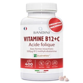 Bandini® Vitamine B12 + Acide folique 400 comprimés vegan + 1 An | Formes bioactives biodisponibles: 500µg de B 12 méthylco