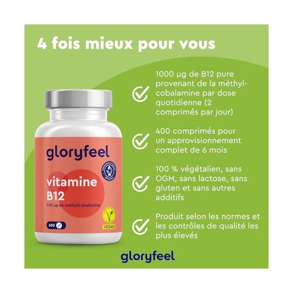 Vitamine B12 Méthylcobalamine 1000µg par Dose, 400 Comprimés + 6 Mois , Hautement Dosée, Contribue à Réduire la Fatigue et S
