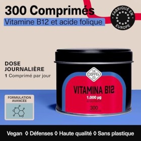 Vitamine B12 Végane 1000 mcg + 400 mcg Acide Folique - 300 comprimés - Vitamines pour la Fatigue et lÉpuisement - Vitamines 