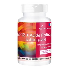 Vitamine B-12 + acide folique sublingual - 30 comprimés avec 500μg de vitamine B12, 100µg dacide folique & acérola - dosage 