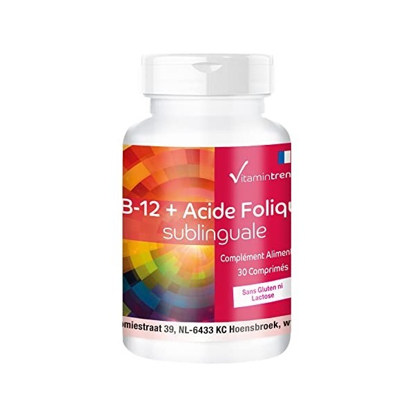Vitamine B-12 + acide folique sublingual - 30 comprimés avec 500μg de vitamine B12, 100µg dacide folique & acérola - dosage 