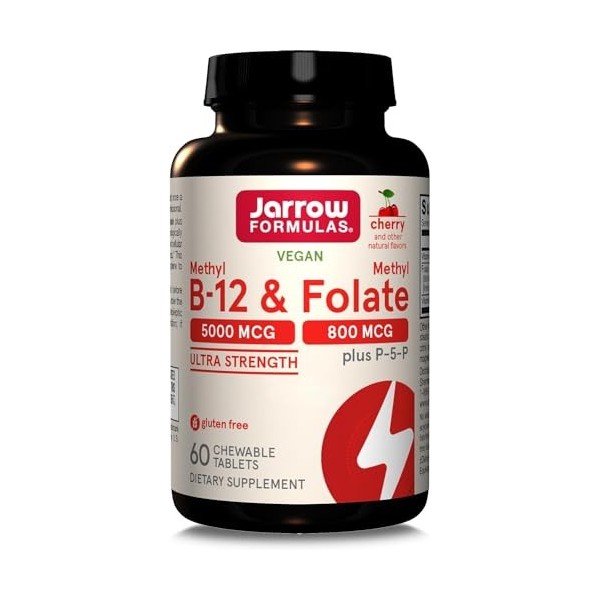 Jarrow Formulas, Methyl B12, 5.000mcg/Methyl Folate 800mcg, 10-Jours-Dépôt, Goût Cerise, 60 Comprimés végétaliens, Sans Glute