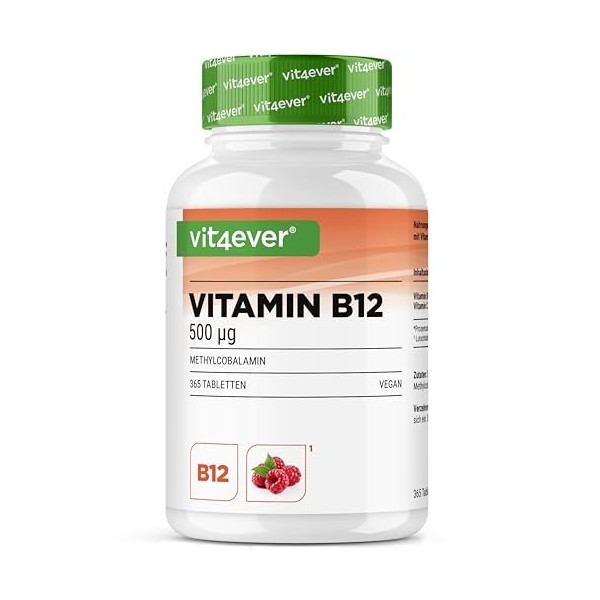 Vitamine B12 Vegan - 365 comprimés à sucer au goût de framboise - Premium : Méthylcobalamine active - Hautement dosé