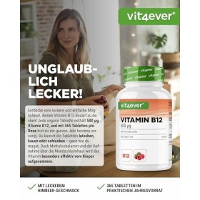 Vitamine B12 Vegan - 365 comprimés à sucer au goût de framboise - Premium : Méthylcobalamine active - Hautement dosé