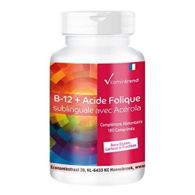 Vitamine B-12 + acide folique sublingual - 180 comprimés avec 500μg de vitamine B12, 100µg dacide folique et acérola 25% de