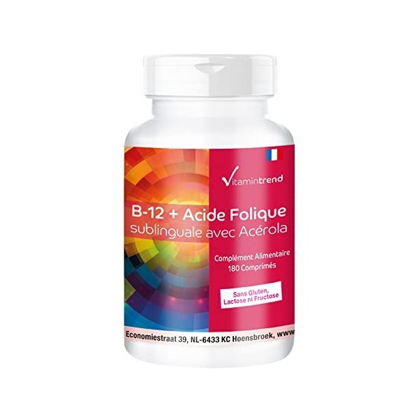 Vitamine B-12 + acide folique sublingual - 180 comprimés avec 500μg de vitamine B12, 100µg dacide folique et acérola 25% de