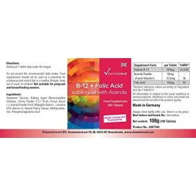 Vitamine B-12 + acide folique sublingual - 180 comprimés avec 500μg de vitamine B12, 100µg dacide folique et acérola 25% de