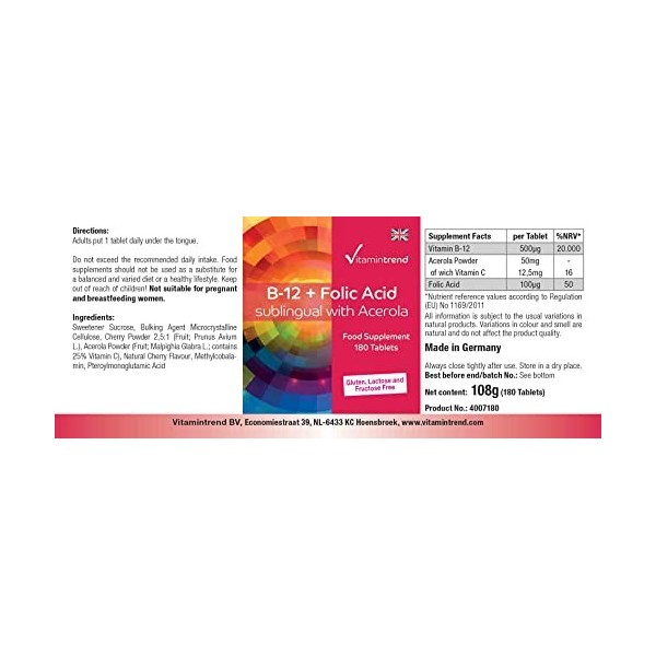 Vitamine B-12 + acide folique sublingual - 180 comprimés avec 500μg de vitamine B12, 100µg dacide folique et acérola 25% de