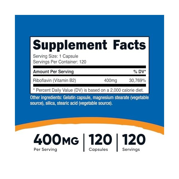 Nutricost Vitamine B2 Riboflavine 400mg, 120 Capsules - Sans Gluten, Non-OGM, Boost dÉnergie, Qualité Premium