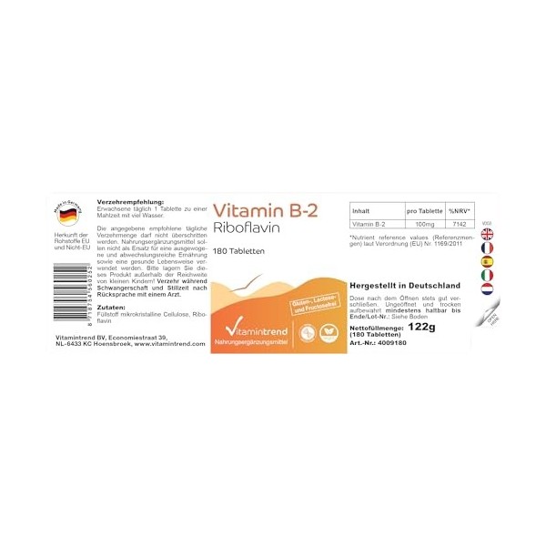 Vitamine B2 Riboflavine 100mg - Boite de 180 comprimés - ! POUR 6 MOIS ! - Pour un métabolisme énergétique, une peau en bonne