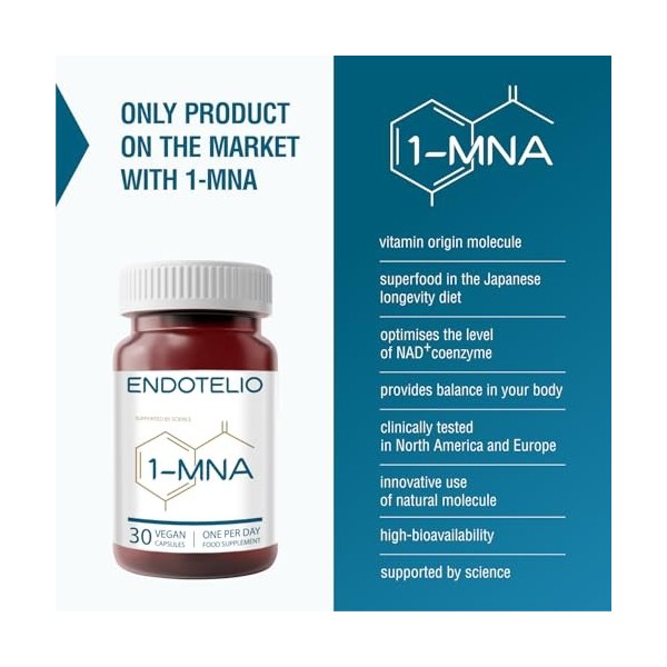 Endotelio 1-MNA, Supplément Anti-âge, Optimise le NAD+, Biohacking, Soutien à la Santé Cellulaire, Formulé Scientifiquement a