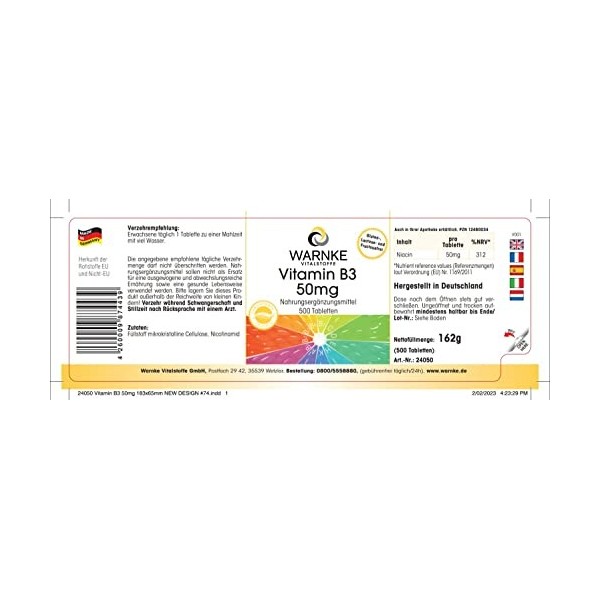 Vitamine B3 50 mg - 500 comprimés - Niacine | Warnke Vitalstoffe - Qualité des pharmacies allemandes