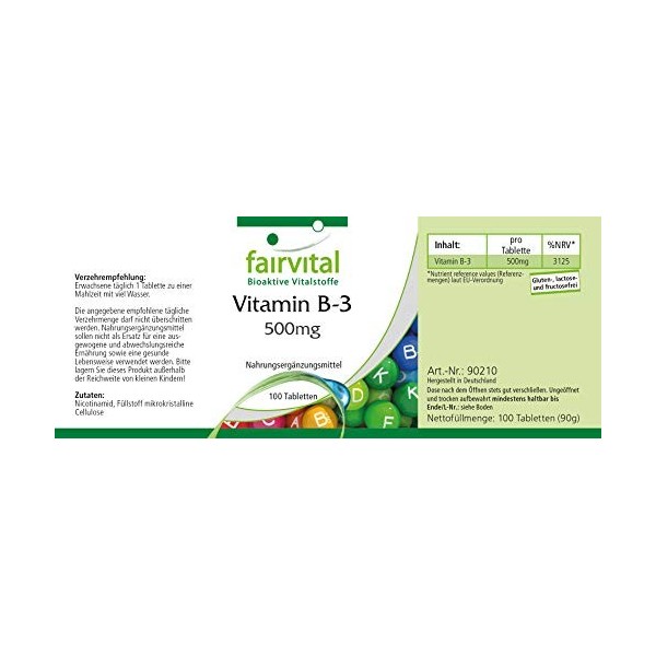 Fairvital | Vitamine B3 Nicotinamide 500mg – 100 comprimés VEGANs - Fortement dosé - substance pure
