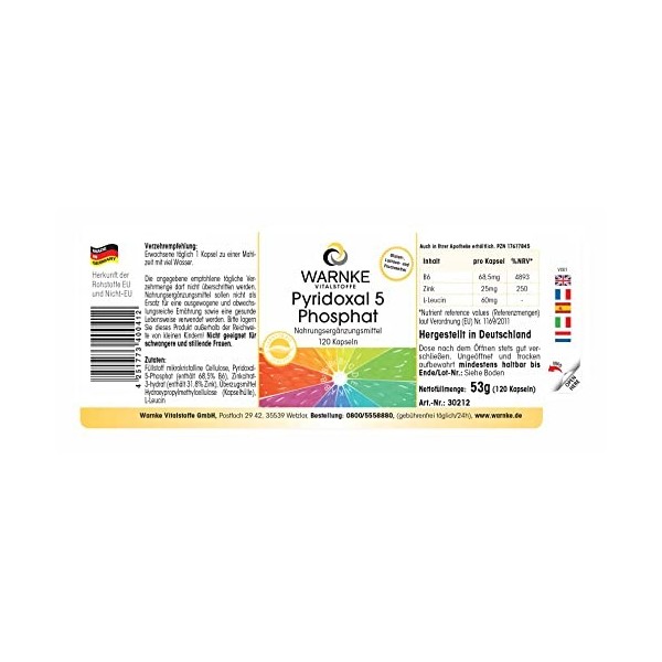 Pyridoxal-5-Phosphate 100 mg - 120 gélules de P-5-P avec 25 mg de zinc, 68,5% de vitamine B6 | Warnke Vitalstoffe - Qualité d