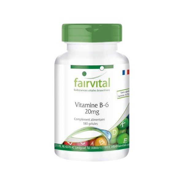 Fairvital | Vitamine B6 20mg - BOITE de 180 gélules pour 6 MOIS - VEGAN - Pyridoxine