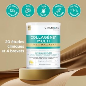 GRANIONS - COLLAGENE MULTI - Collagene Marin Poudre - Action 10 en 1-5 Types de Collagene - Collagene Marin + Vitamine C - 20