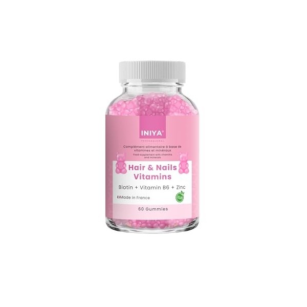 Gummies Cheveux & Ongles Iniya - Biotine 12 500 µg, Vitamine C, Zinc - Croissance, Force & Brillance - Vegan, Sans Gluten, Ma
