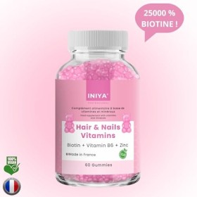 Gummies Cheveux & Ongles Iniya - Biotine 12 500 µg, Vitamine C, Zinc - Croissance, Force & Brillance - Vegan, Sans Gluten, Ma