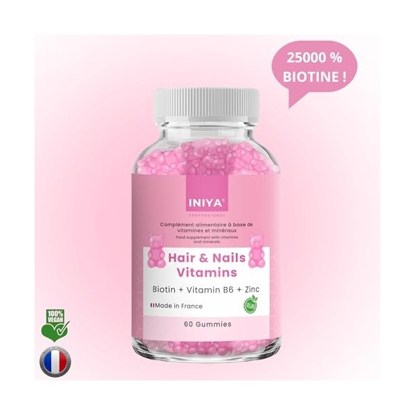Gummies Cheveux & Ongles Iniya - Biotine 12 500 µg, Vitamine C, Zinc - Croissance, Force & Brillance - Vegan, Sans Gluten, Ma