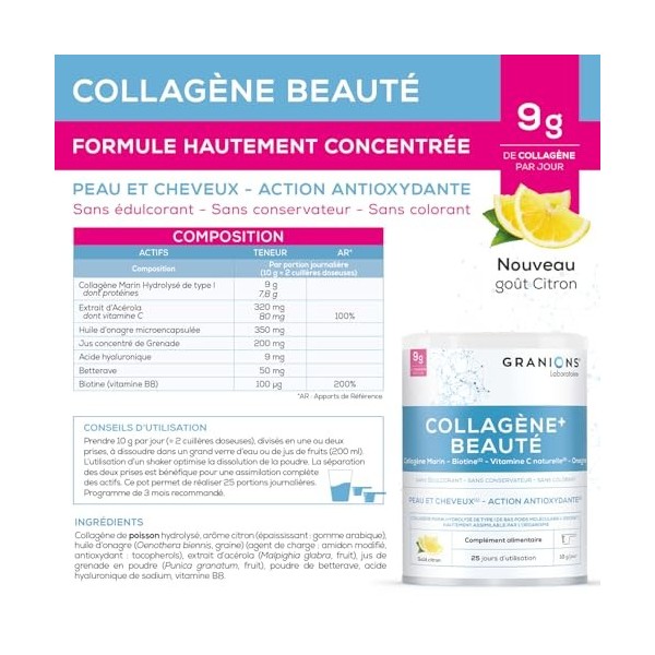 GRANIONS COLLAGENE MARIN + BEAUTE - Collagene et Acide Hyaluronique, Biotine Cheveux, Vitamine C - Beauté Peau - Complement A