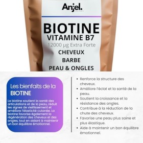 ANJEL | Biotine Pousse des Cheveux et Barbe 12000 μg Extra Forte | Renforce les Ongles - 60 Comprimés Vegan - Cure de 2 Mois 