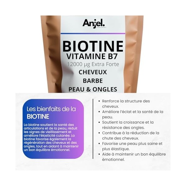 ANJEL | Biotine Pousse des Cheveux et Barbe 12000 μg Extra Forte | Renforce les Ongles - 60 Comprimés Vegan - Cure de 2 Mois 
