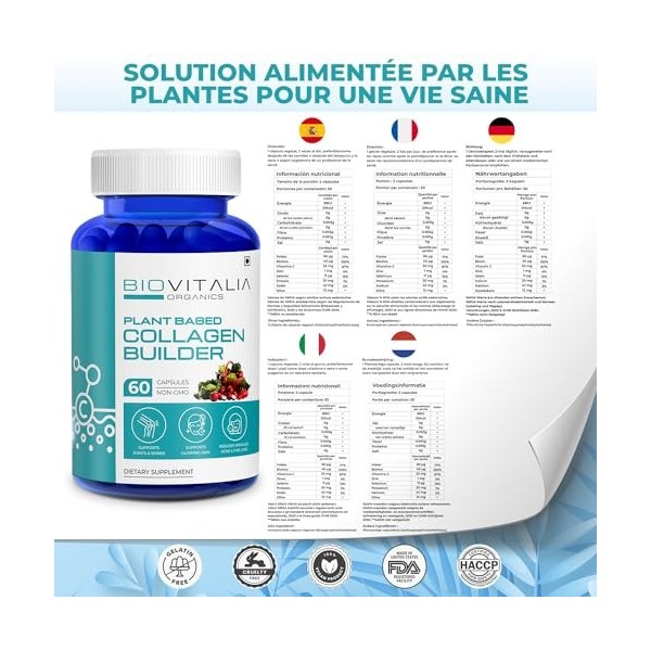 Biovitalia Organics Capsule de construction de collagène à base de plantes avec biotine et vitamine C | Favorise la santé de