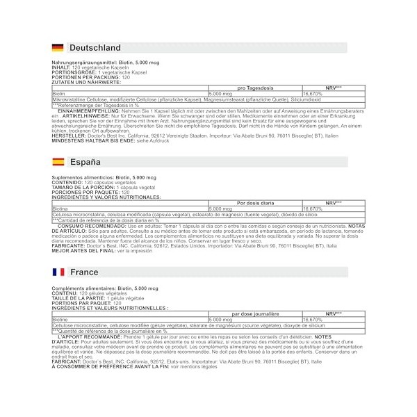 Doctors Best - Biotine 5000mcg | Support pour la peau, les cheveux et les ongles - 120 capsules