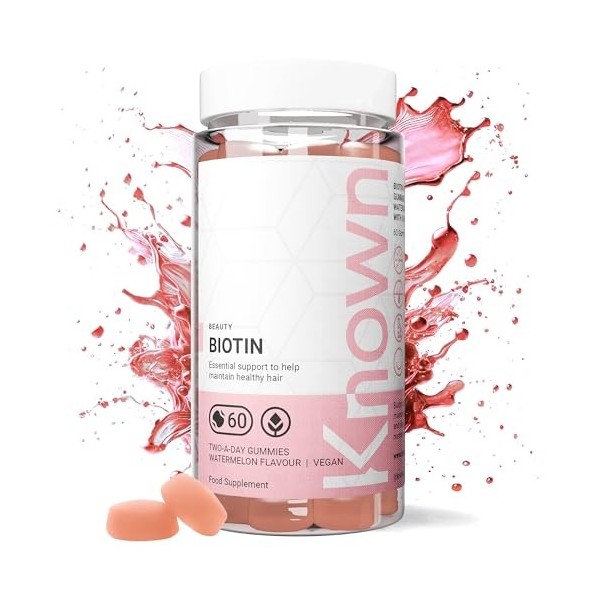 Bonbons biotine haute force – 10 000µg de biotine – Soutient cheveux et peau sains – Saveur pastèque – 60 gummies véganes, 1 