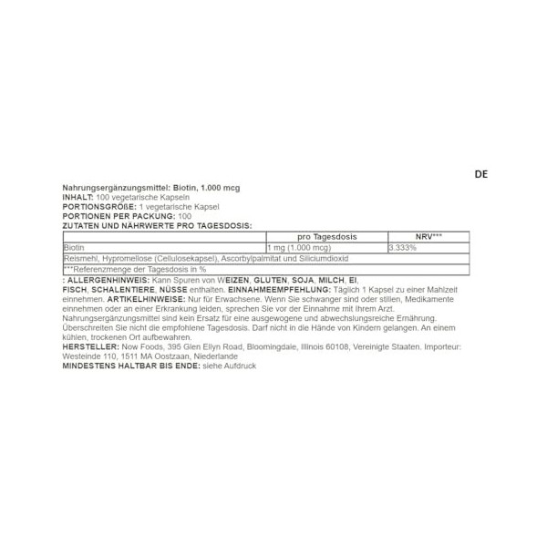 Now Foods - Biotin 1000mcg | Soutien pour la santé de la peau, des cheveux et des ongles - 100 capsules végétariennes