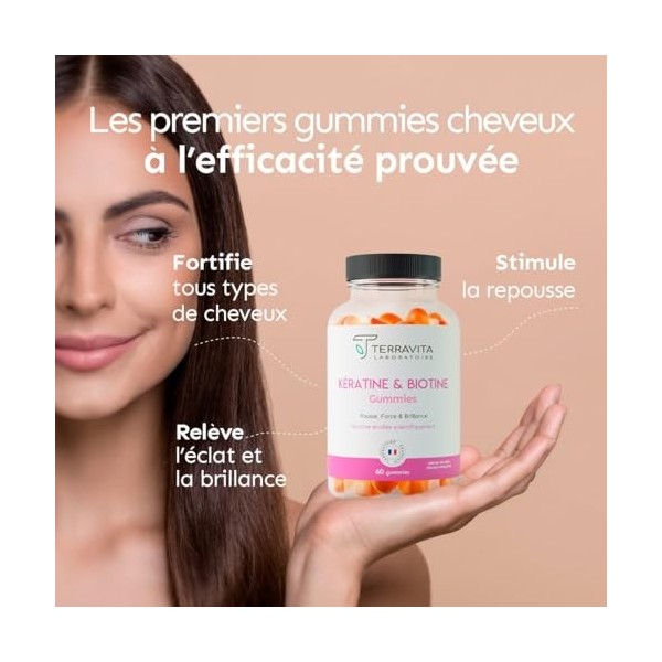 Gummies Kératine & Biotine | Pousse, Force et Brillance des Ongles et Cheveux | Kératine Brevetée Cynatine® HNS | 60 Gummies 