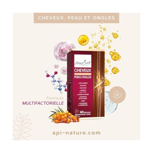 Vitamines pour les Cheveux, la peau et les ongles Essence Pure | Biotine, Collagène, Argousier, MSM, Saw Palmetto | Perte de 