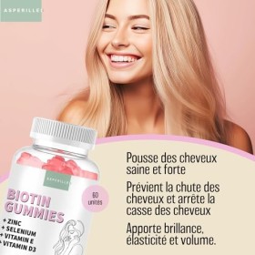 Gummies Biotine 10.000 mcg - Vitamine Pousse Cheveux avec Zinc + Sélénium + Vitamine E + Vitamine D3 - Gommes Végétaliens à l