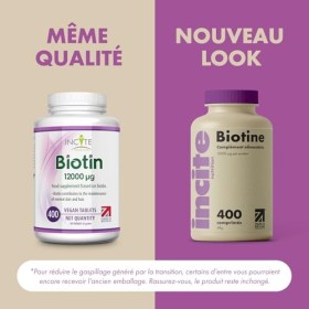 Incite Nutrition Supplément de croissance des cheveux à la biotine 12 000 mcg - Comprimés de 6 mm - Comprimés de croissance d