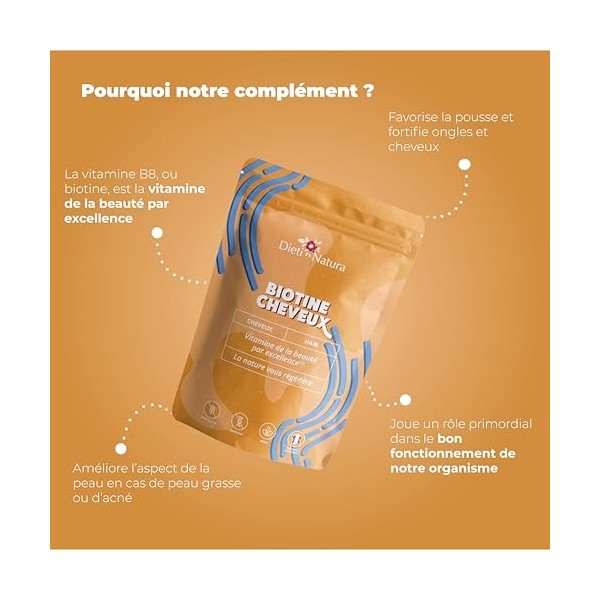 DIETI NATURA - Biotine Vitamine B8 - Fortifiant Ongles & Cheveux - Croissance Cheveux - Sans OGM & Sans Gluten - Vegan - Cure