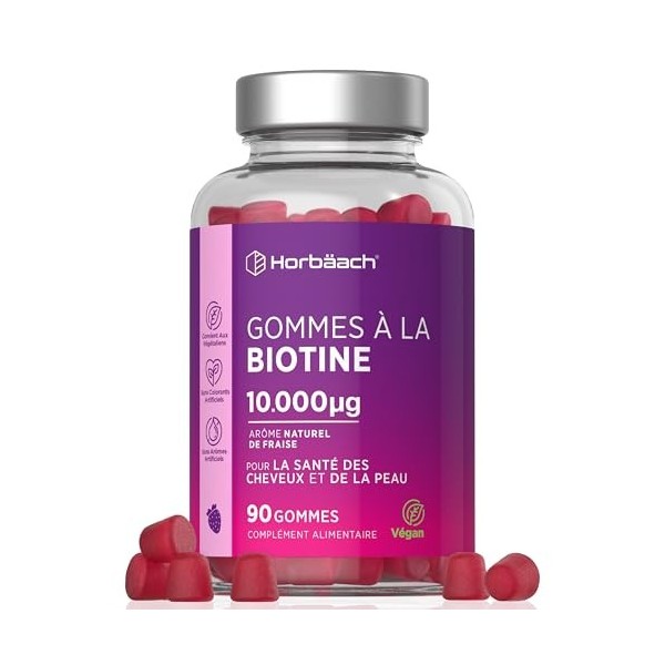 Biotine 10000 mcg Gummies | 90 Gommes Végétaliennes | Vitamines pour Cheveux Peau et Ongles | Arôme Naturel de Fraise | par H