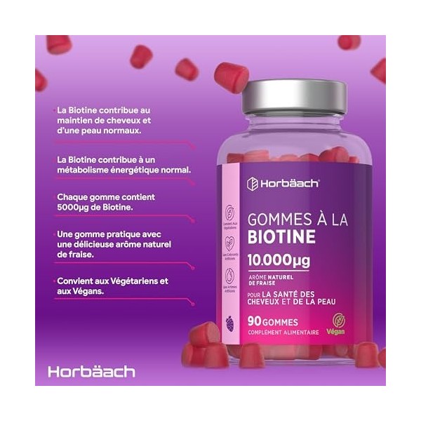 Biotine 10000 mcg Gummies | 90 Gommes Végétaliennes | Vitamines pour Cheveux Peau et Ongles | Arôme Naturel de Fraise | par H