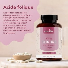 Acide folique 400 mcg | 400 comprimés de vitamine B9 végétalienne | Soins de grossesse | Réduit la Fatigue | Complément pour 