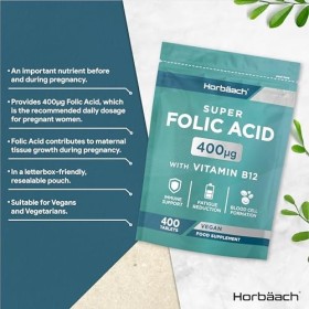 Acide Folique 400 mcg avec Vitamin B12 | 13 Mois | 400 Comprimés Vegan | Complément Alimentaire Hautement Dosé | par Horbaach