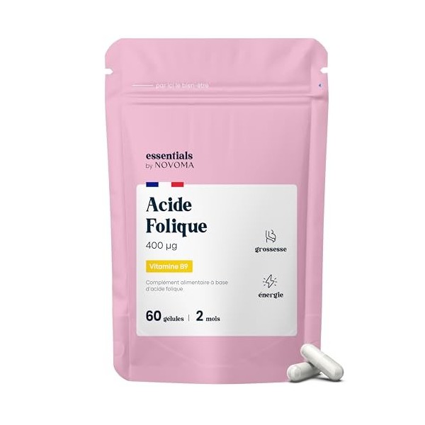 Acide Folique 400 µg, Vitamine B9, Conception et Grossesse, Soutient la Femme Enceinte, 60 gélules Végétales, Cure de 2 mois,
